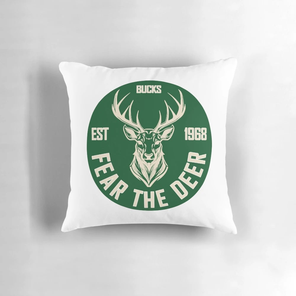 Milwaukee Bucks basketball-themed decorative pillow with deer logo