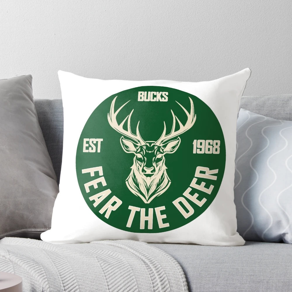 Milwaukee Bucks basketball-themed decorative pillow with deer logo