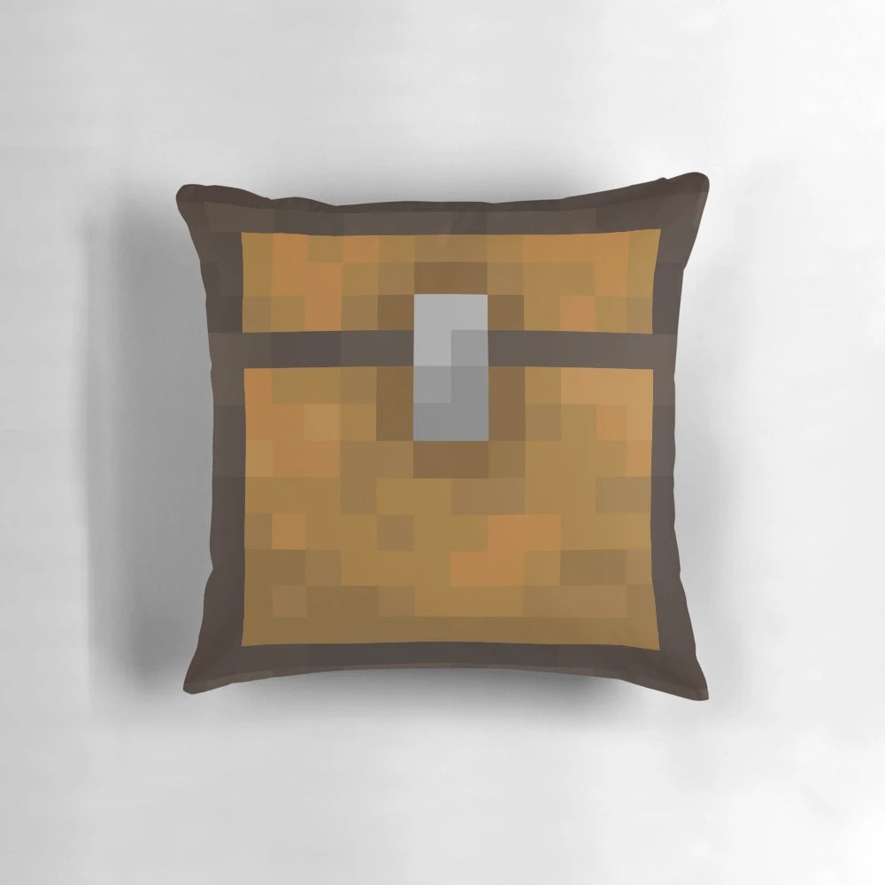 Soft, plush Minecraft chest pillow with detailed design for gaming room decor