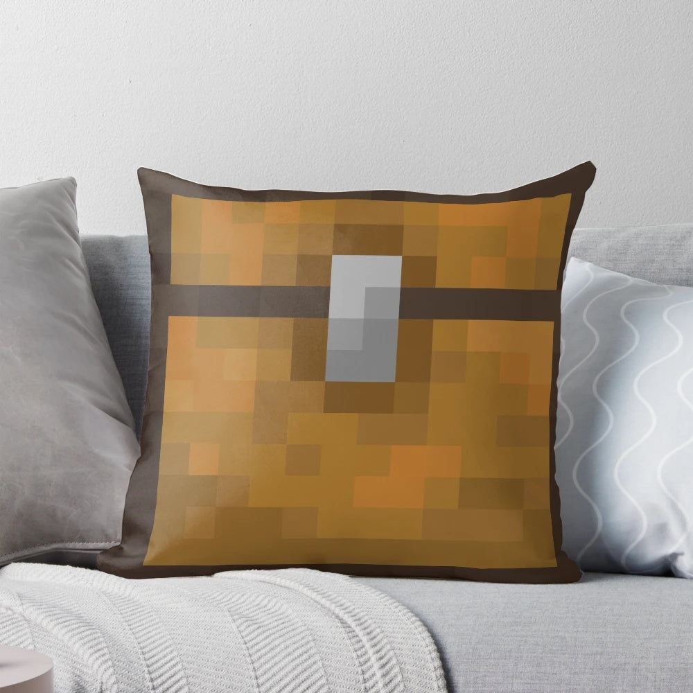Soft, plush Minecraft chest pillow with detailed design for gaming room decor