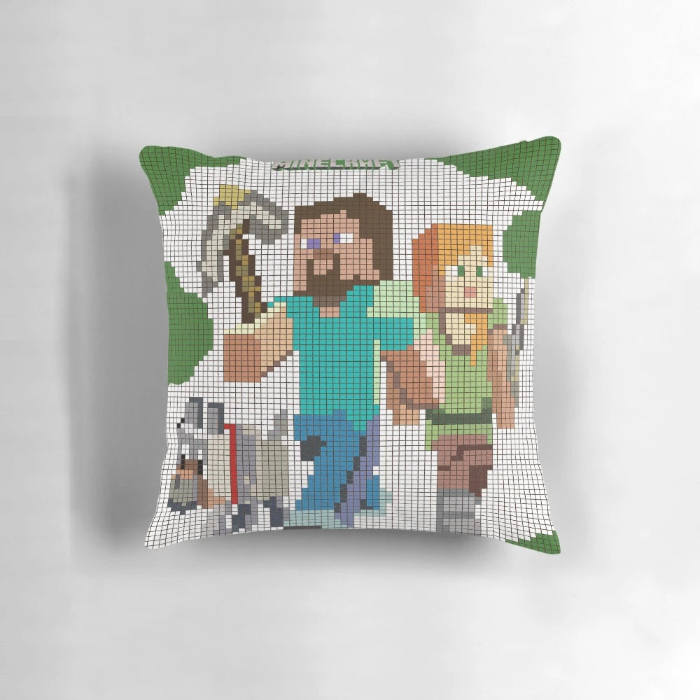 Minecraft-themed decorative throw pillow featuring the iconic characters Steve and Alex
