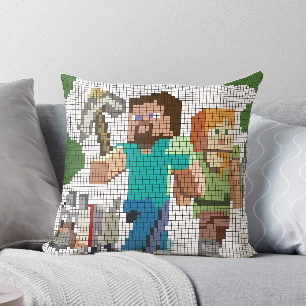 Minecraft-themed decorative throw pillow featuring the iconic characters Steve and Alex
