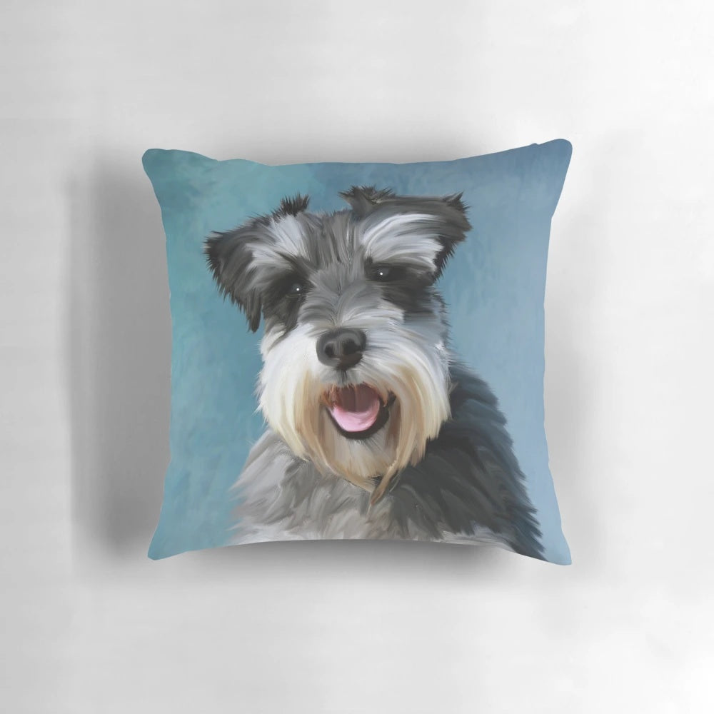 A decorative pillow featuring a watercolor painting of a miniature schnauzer dog.