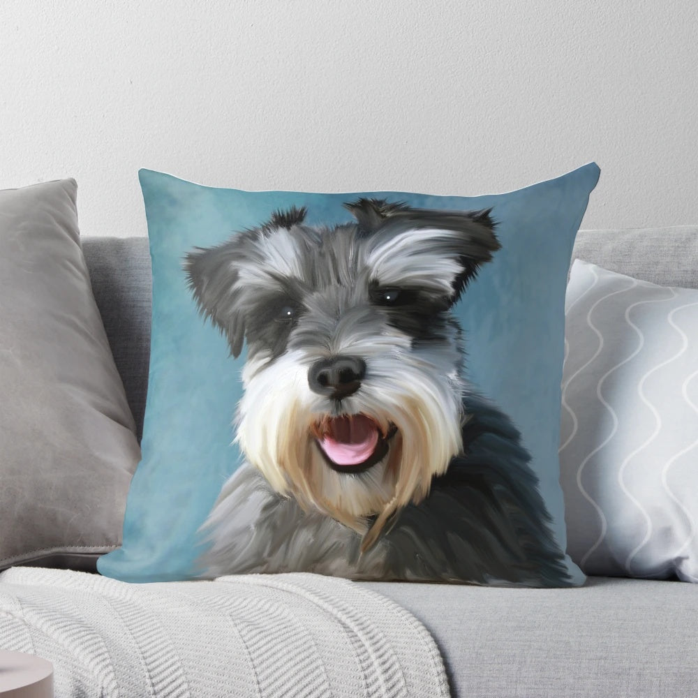 A decorative pillow featuring a watercolor painting of a miniature schnauzer dog.