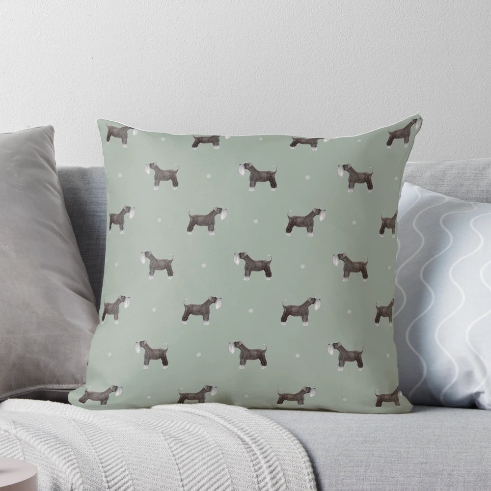 Side-facing Schnauzer dog breed pattern printed on a sage green decorative pillow