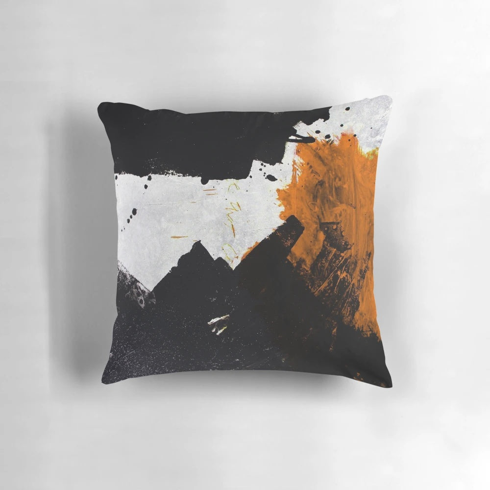 Minimalistic abstract orange and black digital art pillow with textured brush strokes