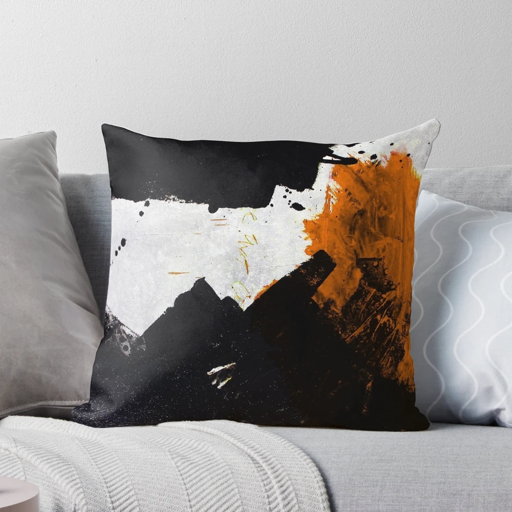 Minimalistic abstract orange and black digital art pillow with textured brush strokes