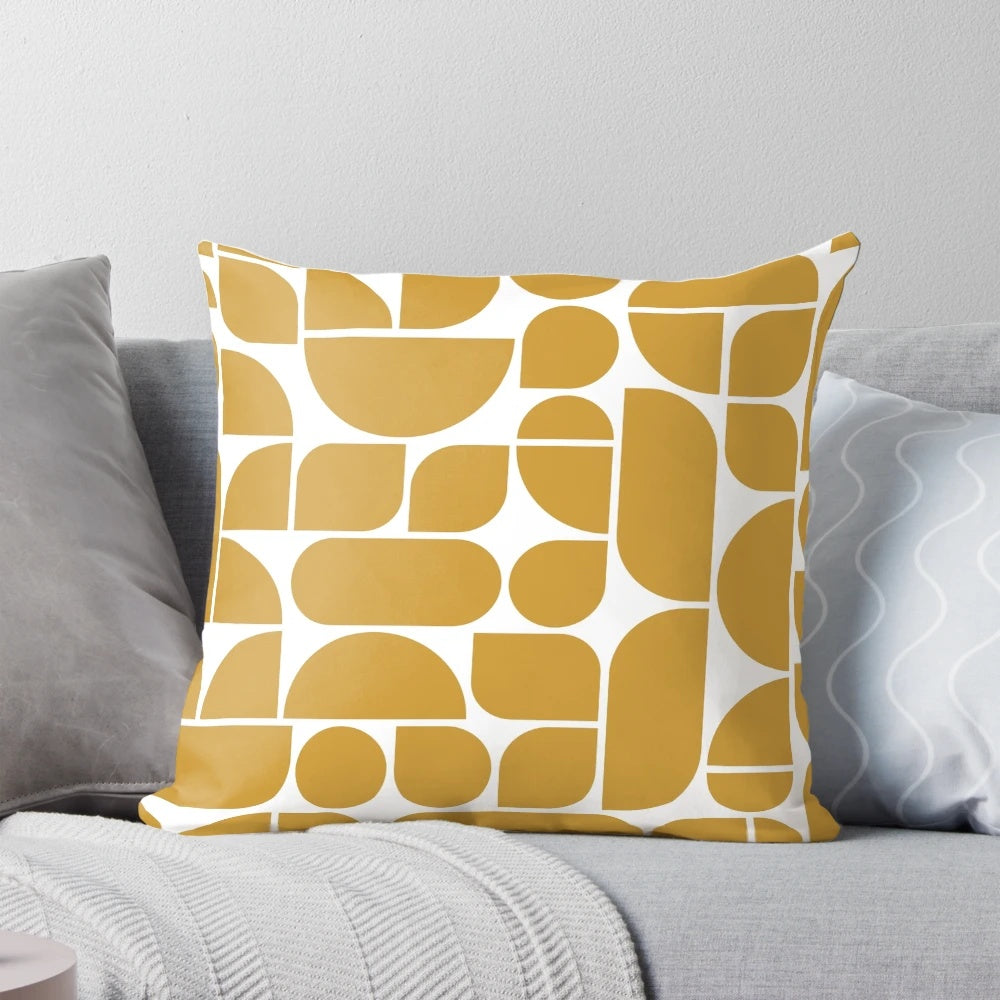 Minimal geometric abstract art pillow in honey yellow and white color, inspired by Bauhaus and Scandinavian design