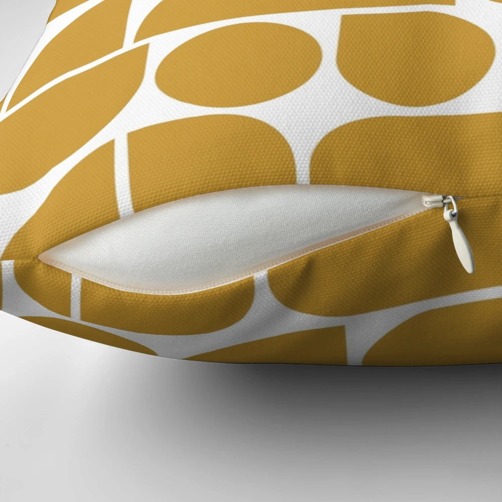 Minimal geometric abstract art pillow in honey yellow and white color, inspired by Bauhaus and Scandinavian design