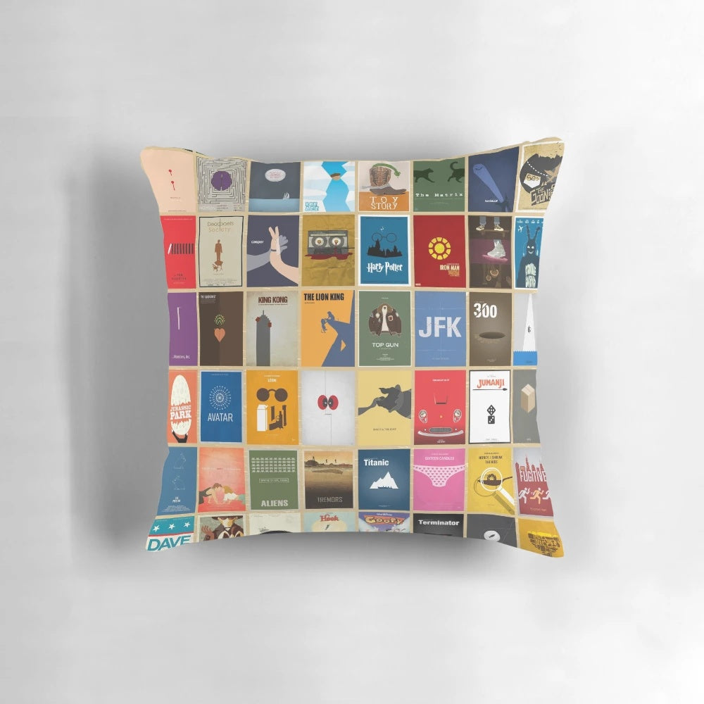 Minimalist movie poster design printed on a soft throw pillow