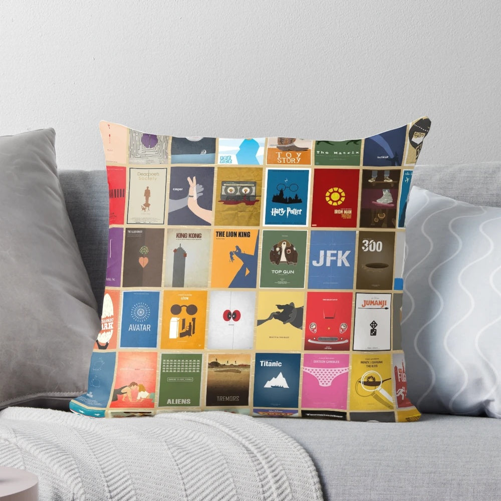 Minimalist movie poster design printed on a soft throw pillow