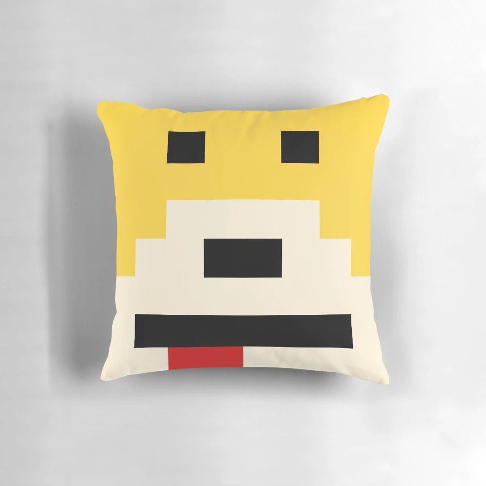 Minimal yellow pillow with the iconic Flat Eric character from Mr. Oizo's music