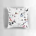 Minimalist abstract art pillow with black lines and shapes, inspired by the artwork of famous 20th century painter Joan Miró.