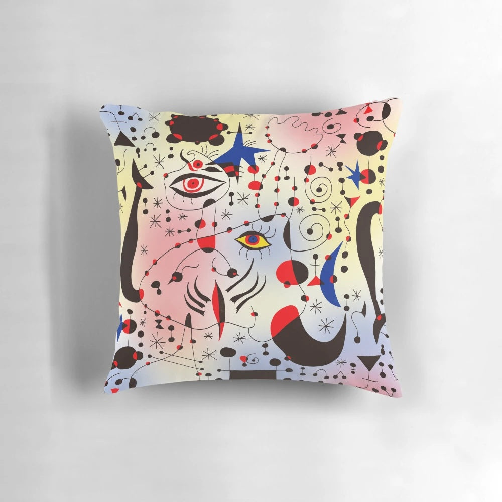 Minimalist abstract art pillow featuring black lines and geometric shapes, inspired by the iconic paintings of Spanish artist Joan Miró.