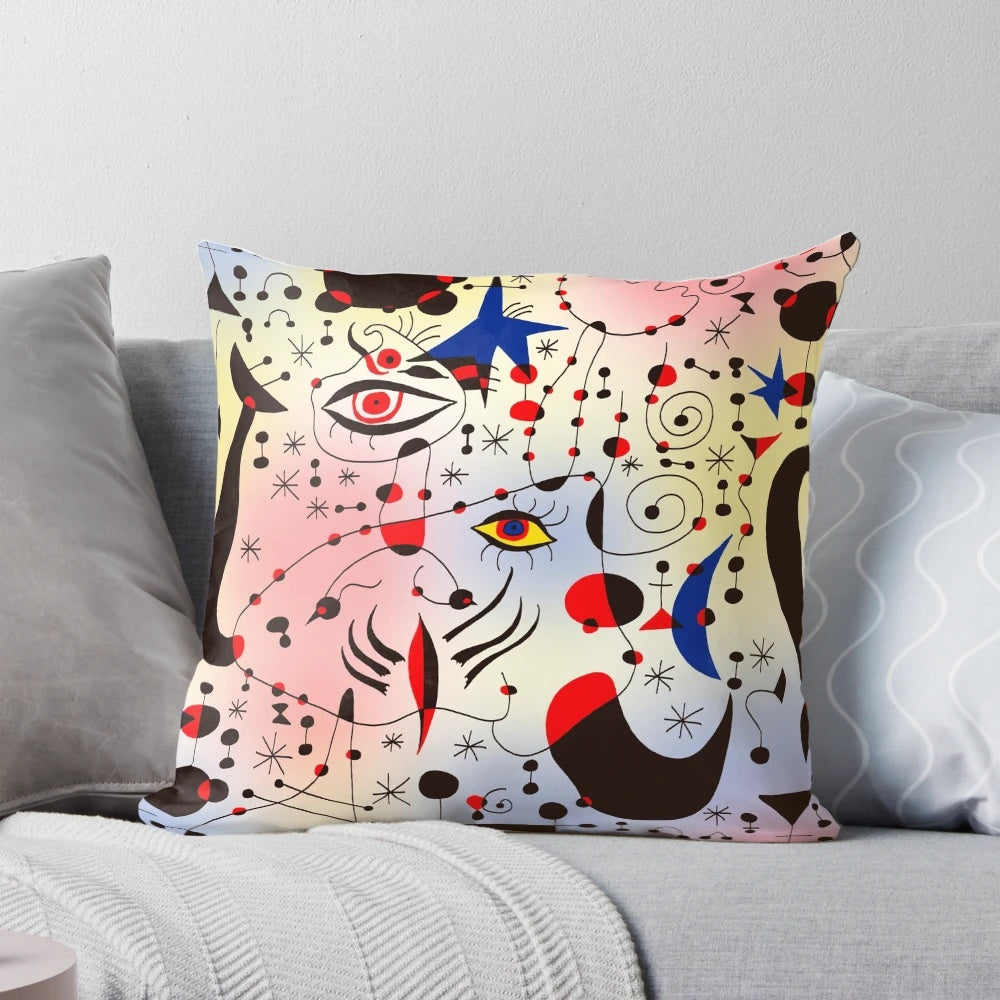 Minimalist abstract art pillow featuring black lines and geometric shapes, inspired by the iconic paintings of Spanish artist Joan Miró.