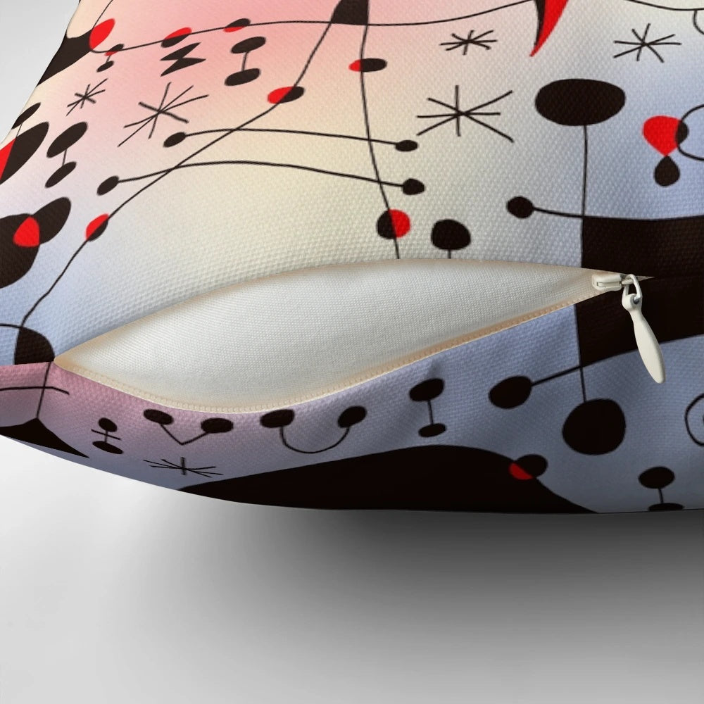 Minimalist abstract art pillow featuring black lines and geometric shapes, inspired by the iconic paintings of Spanish artist Joan Miró.