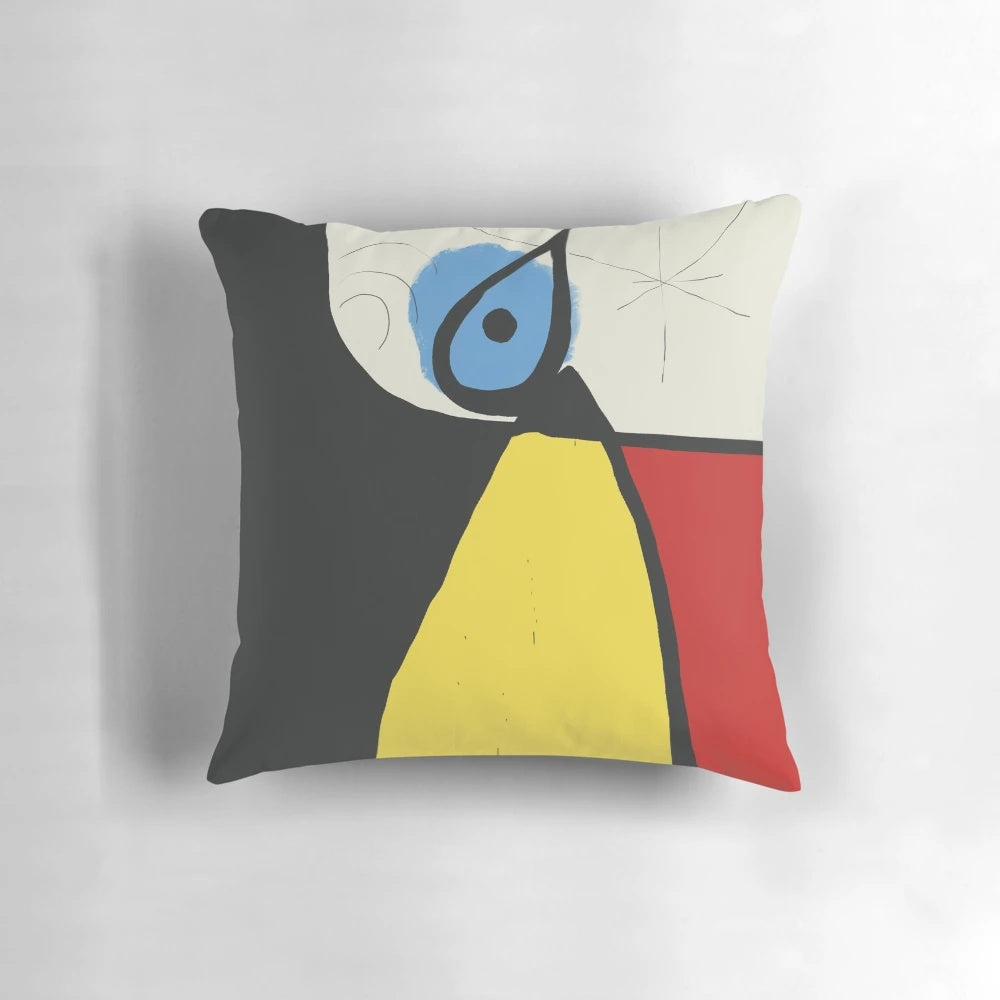 Minimalist abstract art pillow featuring a geometric design inspired by the iconic artwork of Spanish surrealist artist Joan Mirò.