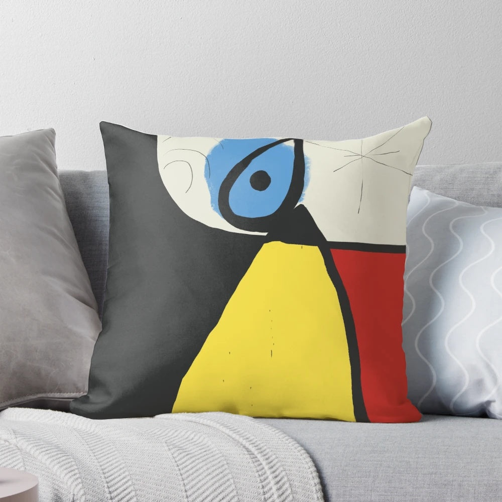 Minimalist abstract art pillow featuring a geometric design inspired by the iconic artwork of Spanish surrealist artist Joan Mirò.