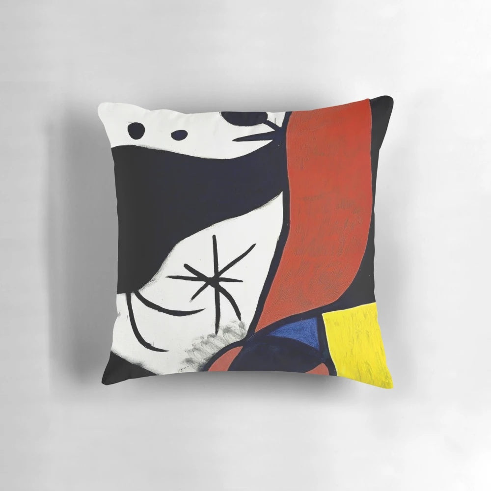 Minimalist abstract art pillow featuring black lines and geometric shapes, inspired by the work of famous painter Joan Miro.