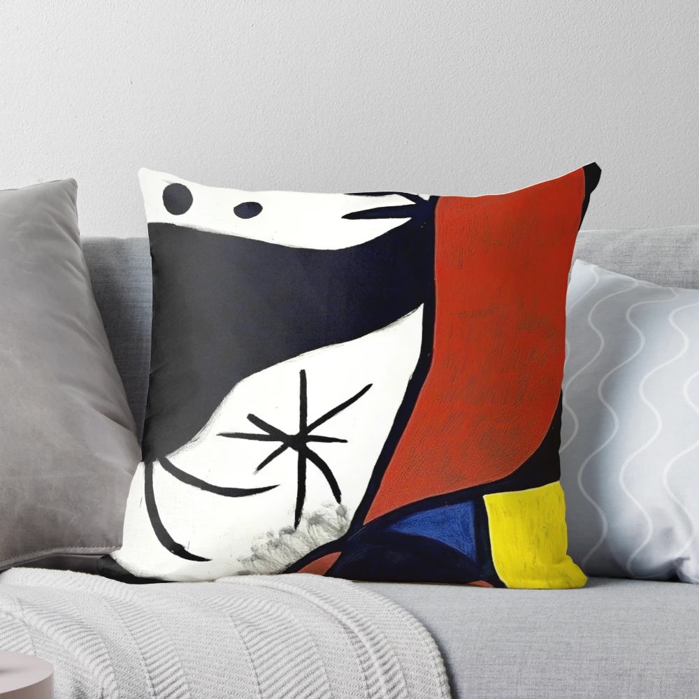 Minimalist abstract art pillow featuring black lines and geometric shapes, inspired by the work of famous painter Joan Miro.
