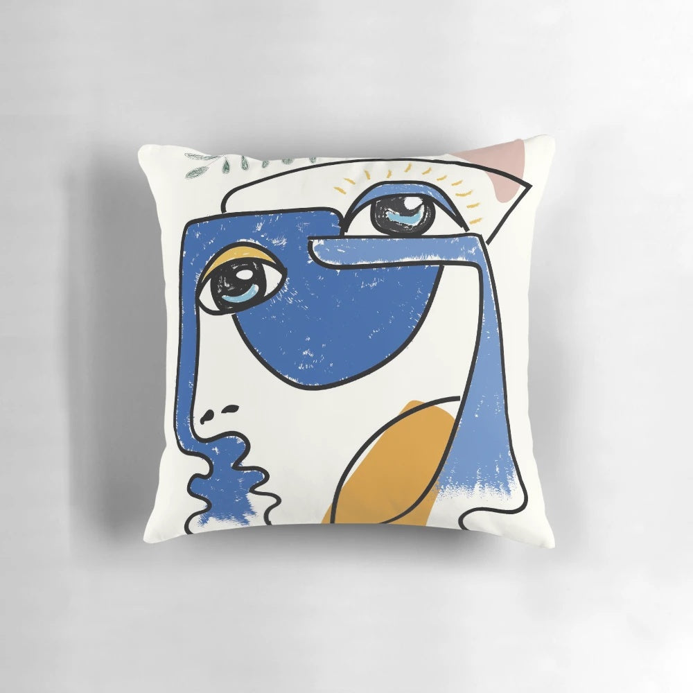 Minimalist abstract cubist-style decorative pillow with simple lines and geometric shapes