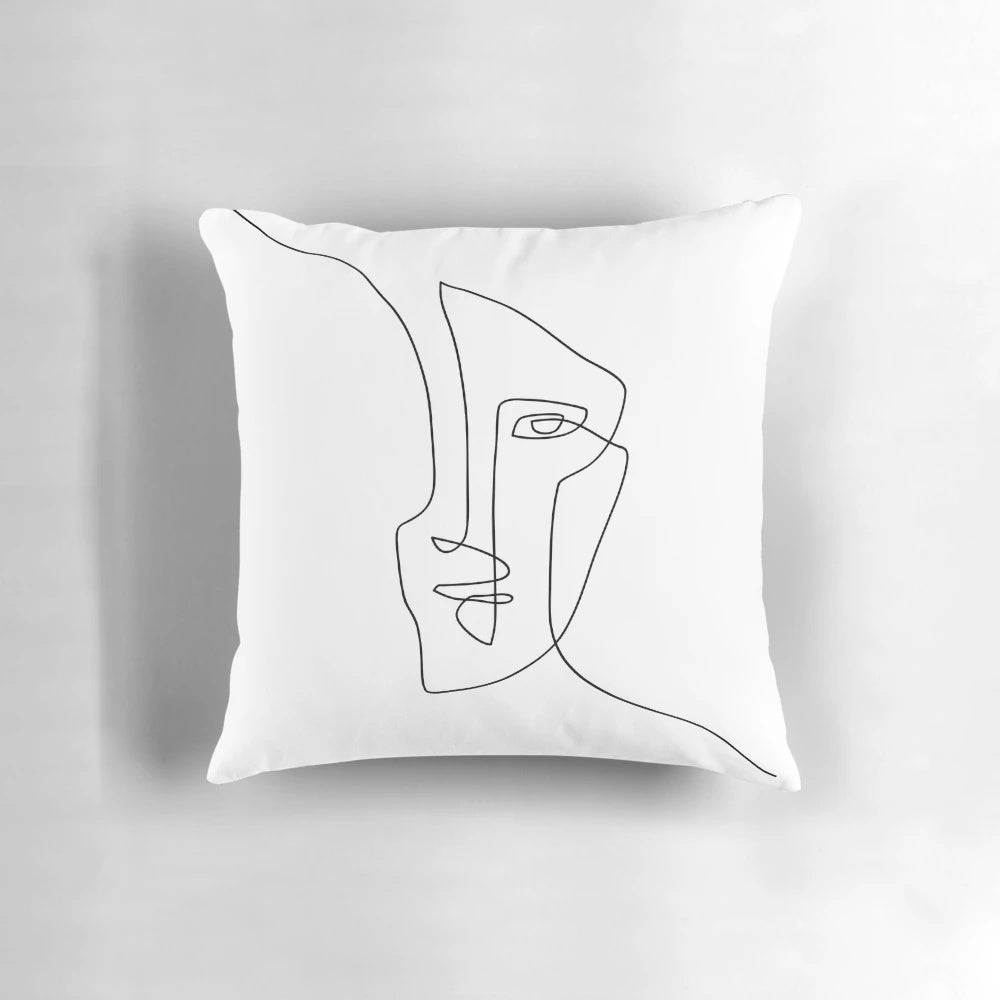 Minimalist black and white abstract face illustration one line art pillow