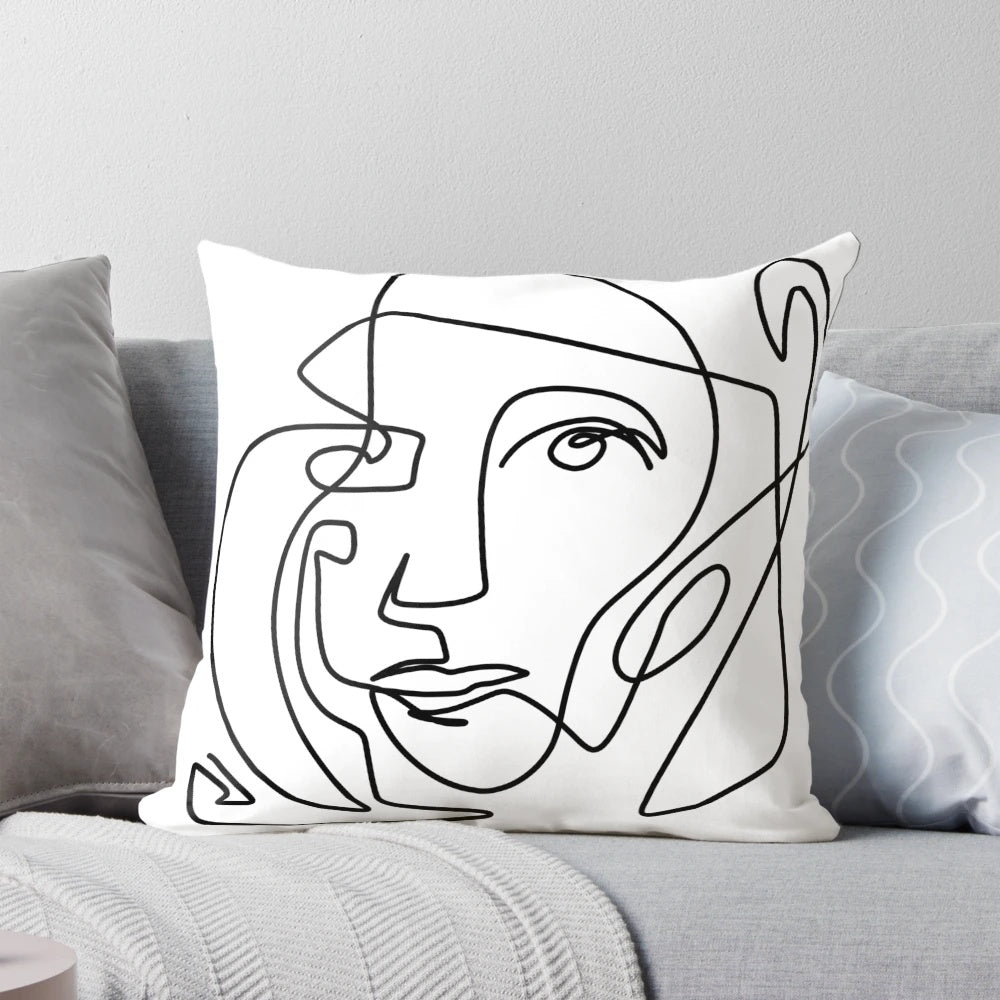 Minimalist black and white abstract face design throw pillow