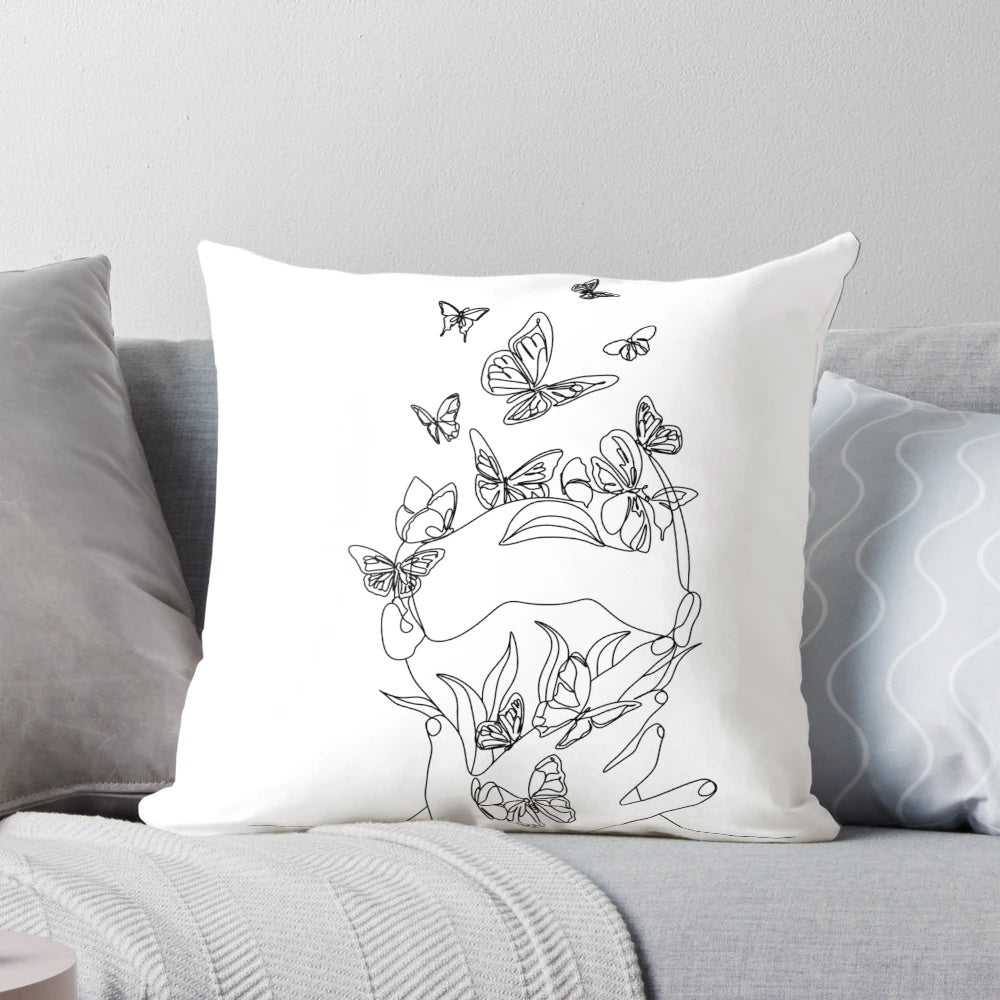 Minimalist abstract face with butterfly in one continuous line art, modern botanical nature design for beauty and fashion