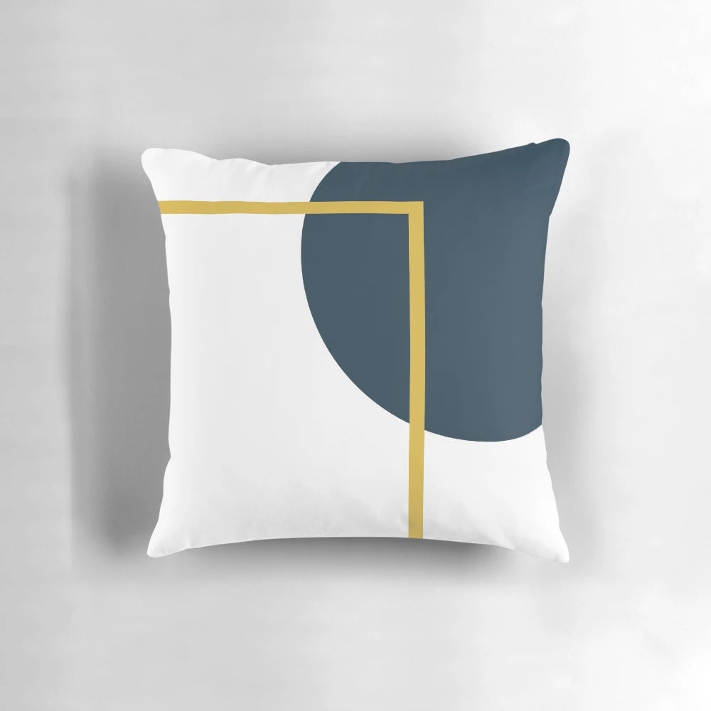 Minimalist abstract geometric design navy blue, mustard yellow, and white throw pillow