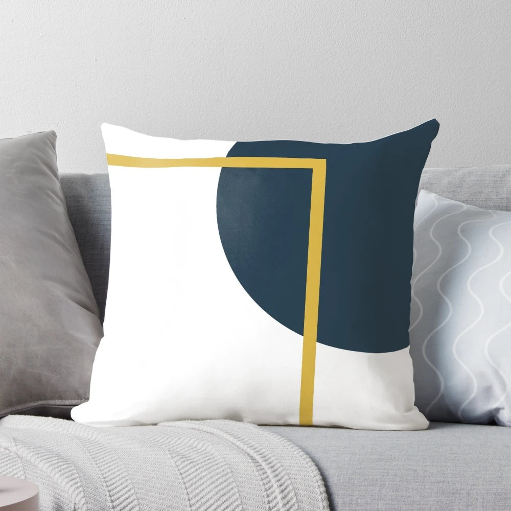 Minimalist abstract geometric design navy blue, mustard yellow, and white throw pillow