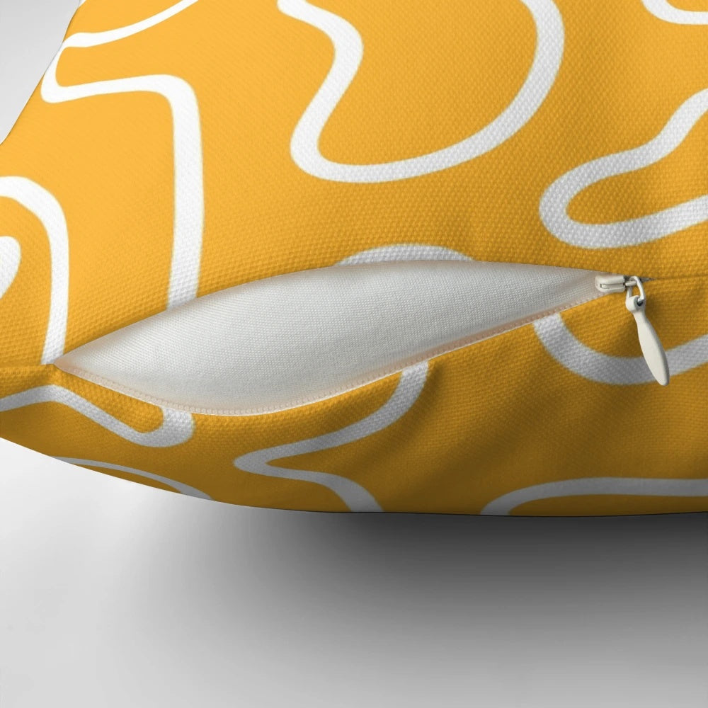 Minimalist abstract pattern pillow in a vibrant mustard yellow and white color scheme
