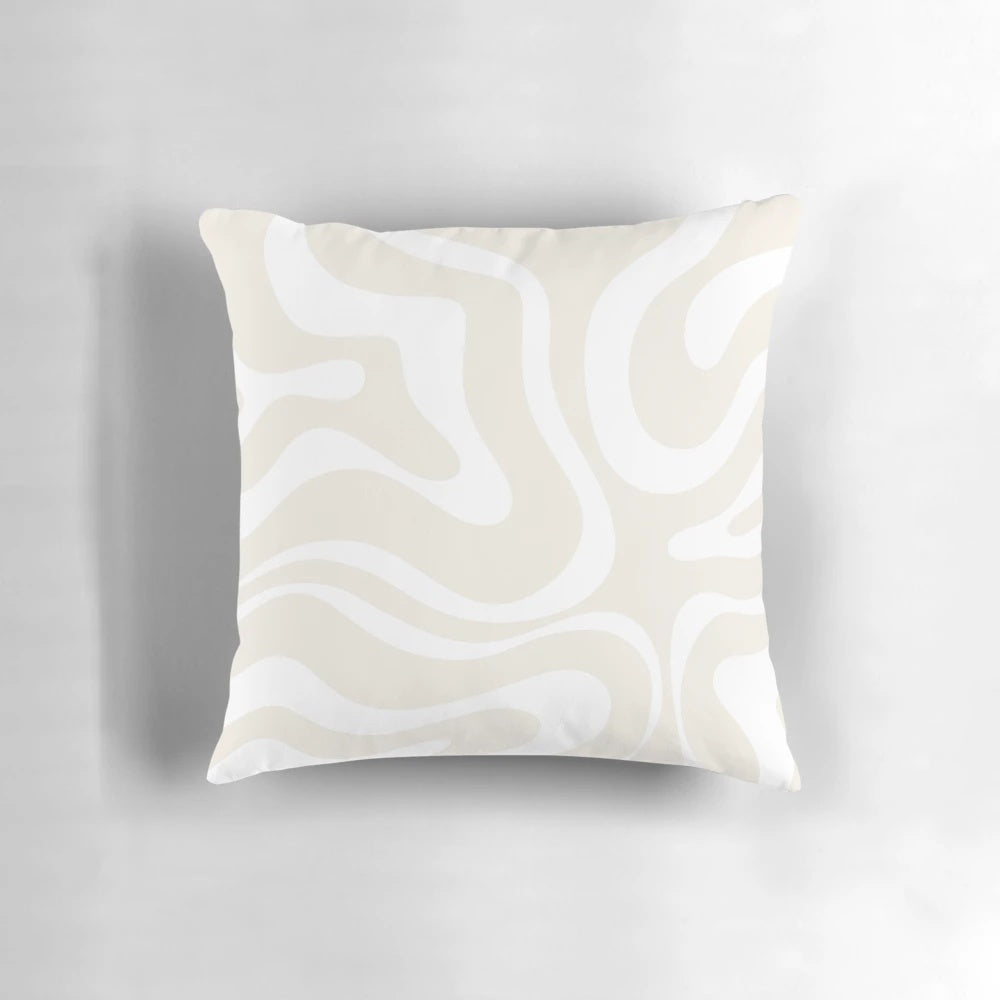 A modern abstract swirl pattern in light beige and white colors on a minimalist decorative pillow.
