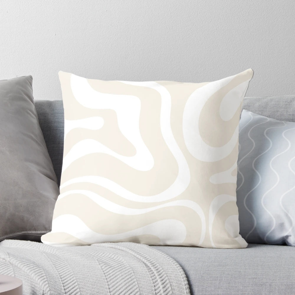 A modern abstract swirl pattern in light beige and white colors on a minimalist decorative pillow.