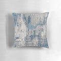 Minimalist abstract throw pillow in shades of teal, gray, and neutral colors with a textured, modern design.