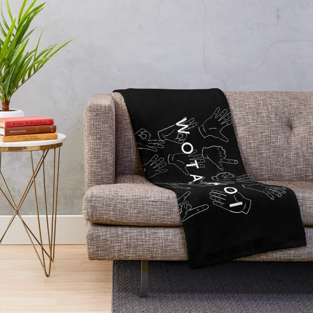 Wotakoi-themed plush blanket with minimalist hand gesture design