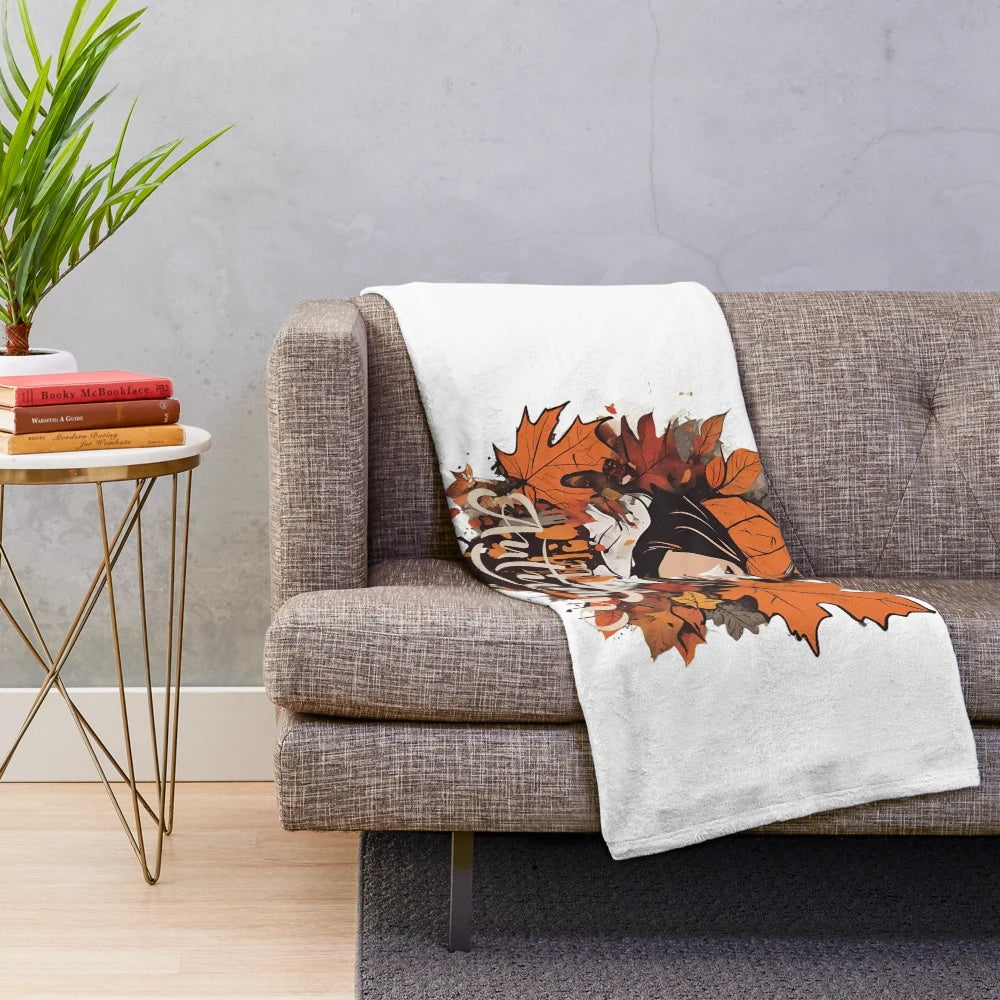 Minimalist autumn plush blanket with nature-inspired watercolor art