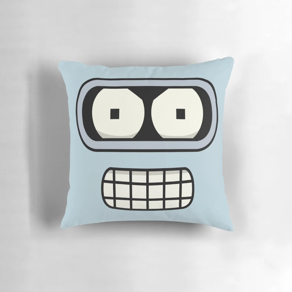 Minimalist grey pillow featuring the iconic face of Bender from the animated series Futurama