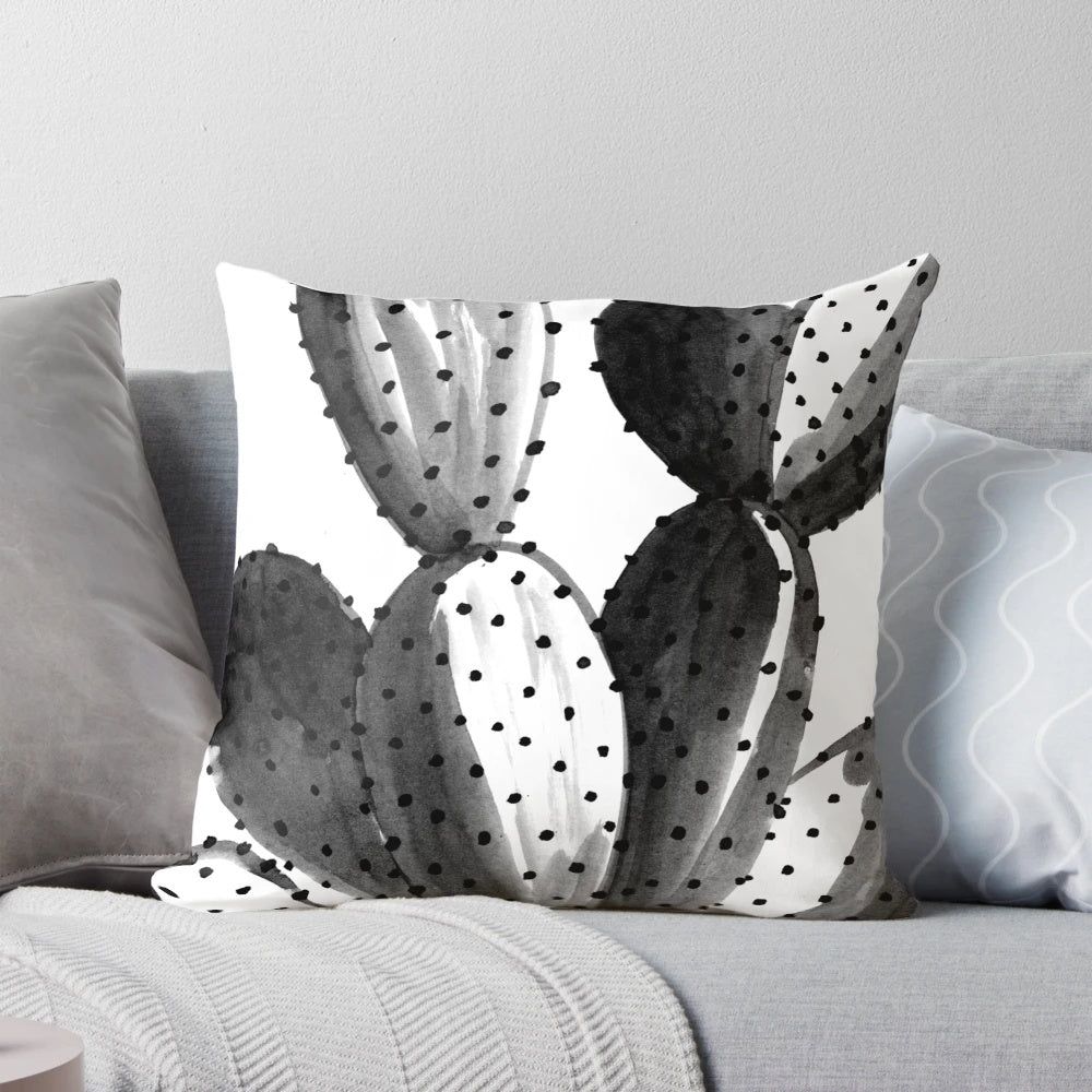 Minimalist black and white cactus print decorative throw pillow for modern botanical-inspired home decor