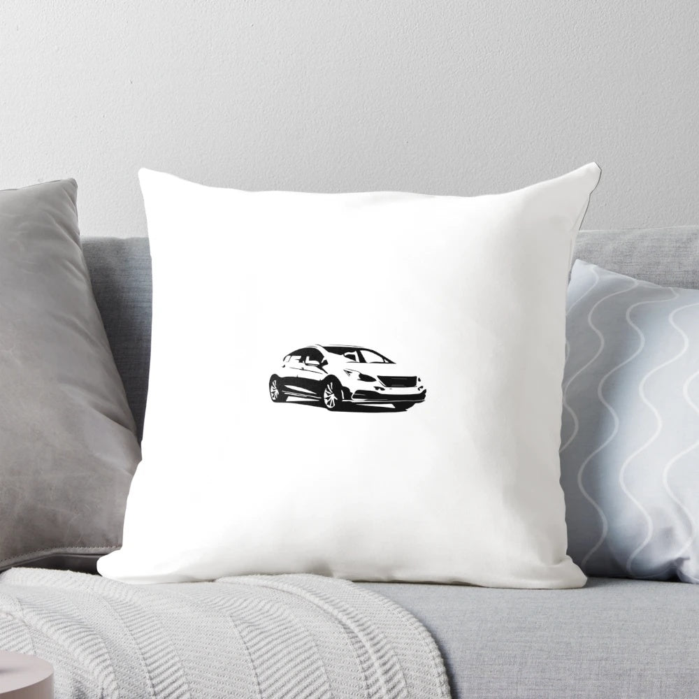 A modern, minimalist white pillow with a black car silhouette design, perfect for automotive-inspired home decor.