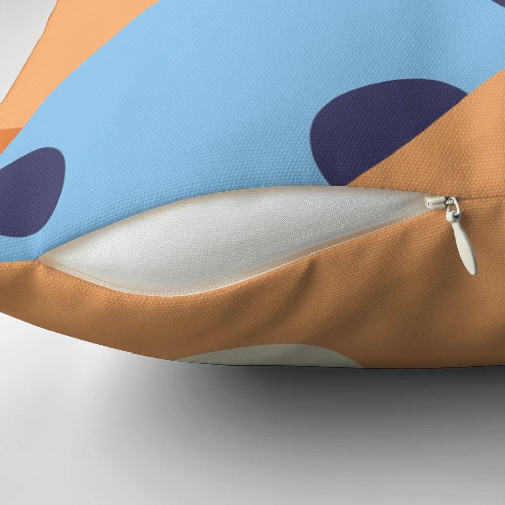 Minimalist artwork of the Heeler family from the popular Bluey cartoon, featuring the blue heeler dogs Bingo, Chili, and Bandit on a decorative throw pillow.
