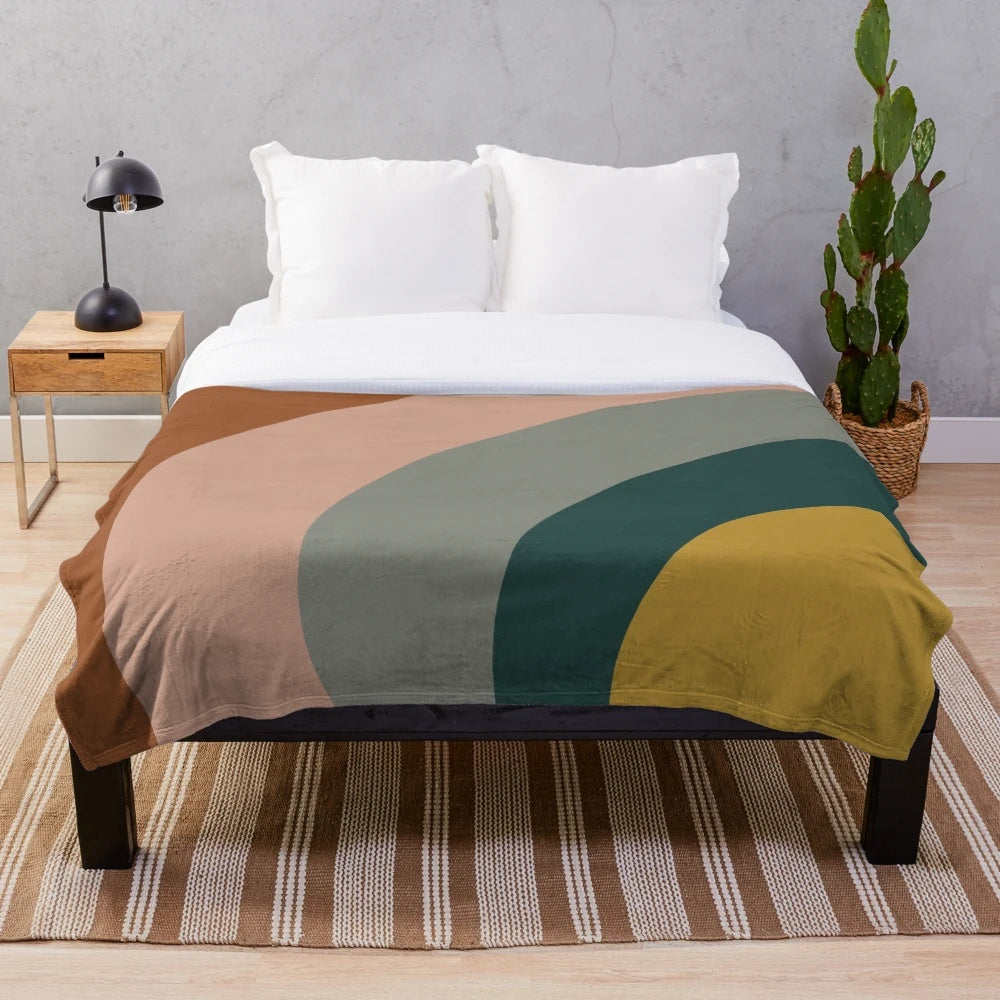 Minimalist Boho Plush Blanket with Abstract Design in Mustard, Teal, Grey, Blush, and Rust