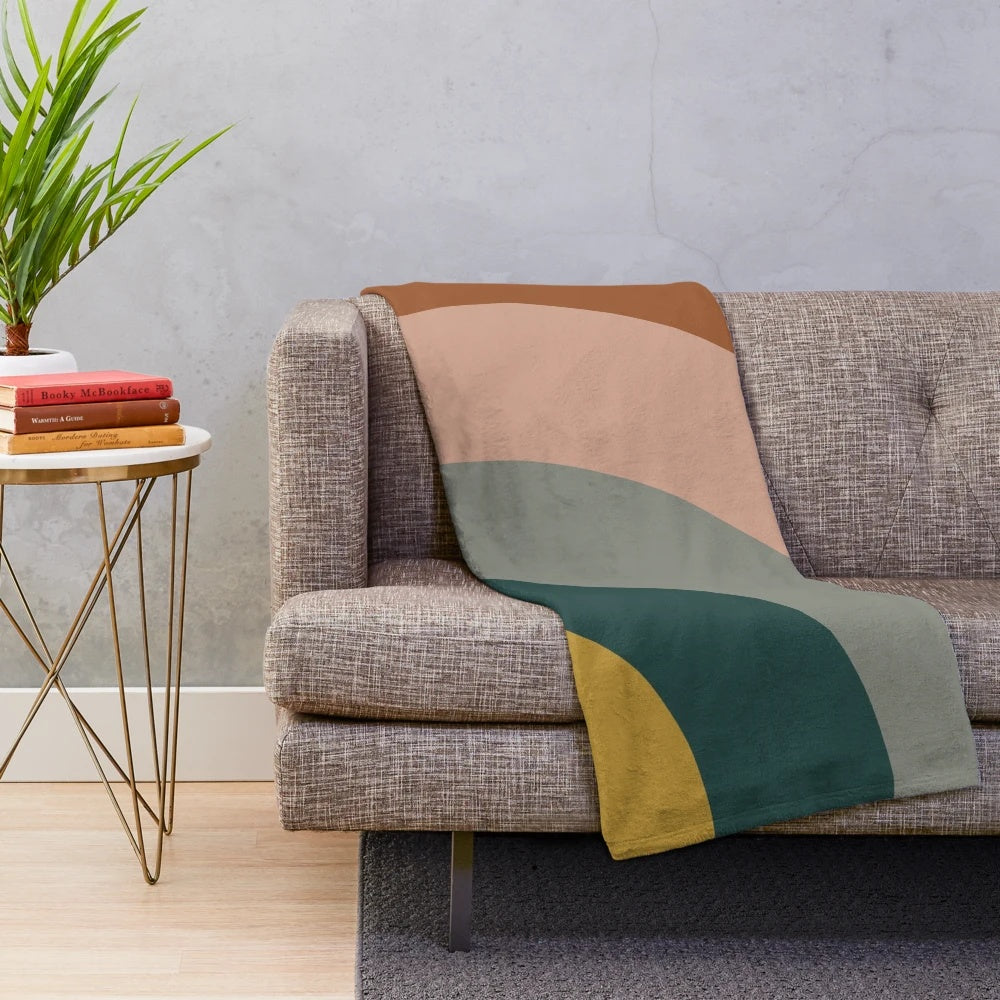 Minimalist Boho Plush Blanket with Abstract Design in Mustard, Teal, Grey, Blush, and Rust