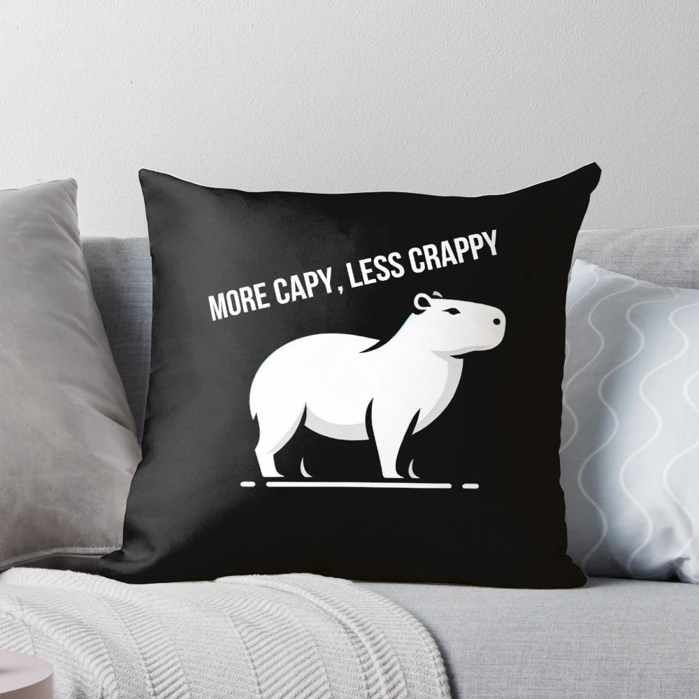 A black and white minimalist illustration of a serene capybara on a peaceful pillow design.