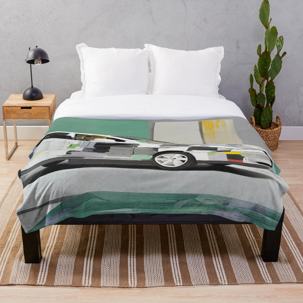 Plush blanket featuring a minimalist car design in a vibrant color palette