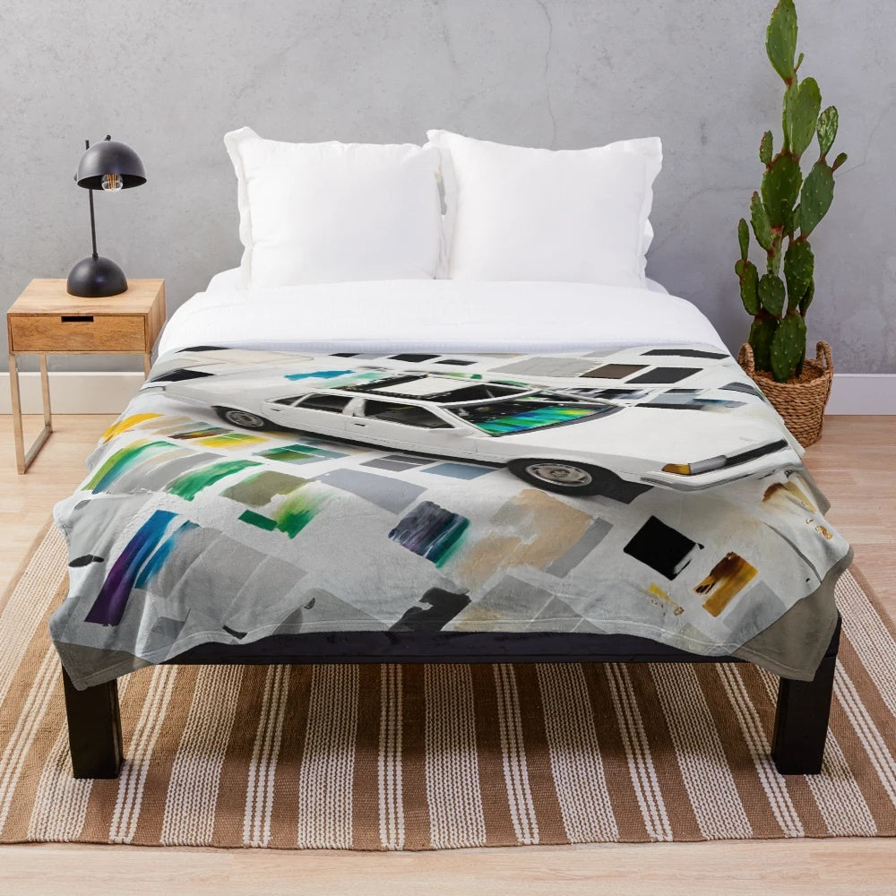 Plush blanket featuring a minimalist car art design in black, yellow, and brushstrokes