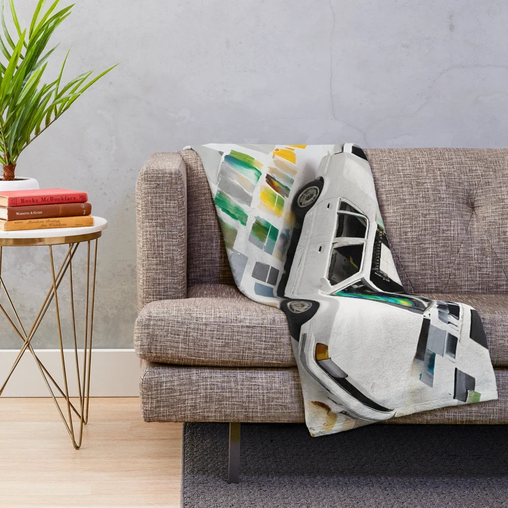 Plush blanket featuring a minimalist car art design in black, yellow, and brushstrokes