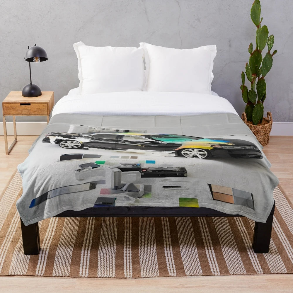 Minimalist car art plush blanket featuring an abstract oil painting design
