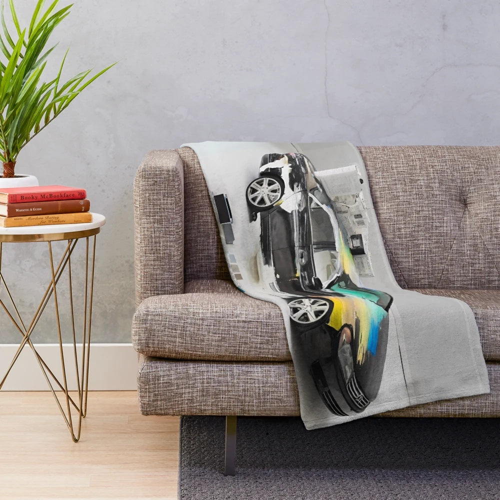 Minimalist car art plush blanket featuring an abstract oil painting design