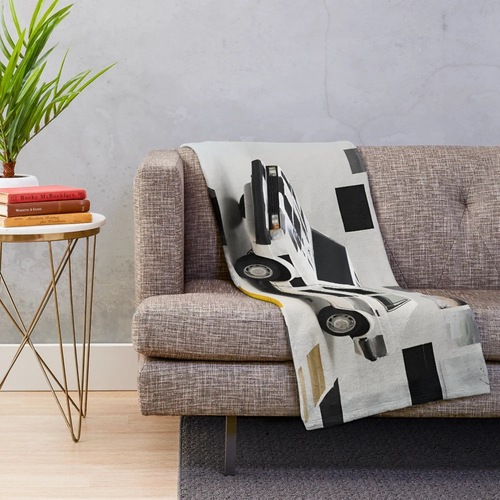 Minimalist car painting plush blanket featuring classic car in abstract art style