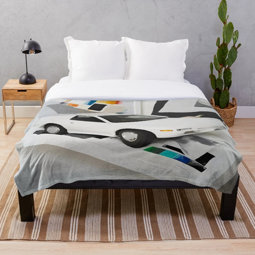 Minimalist car-themed plush blanket with oil painting-style design